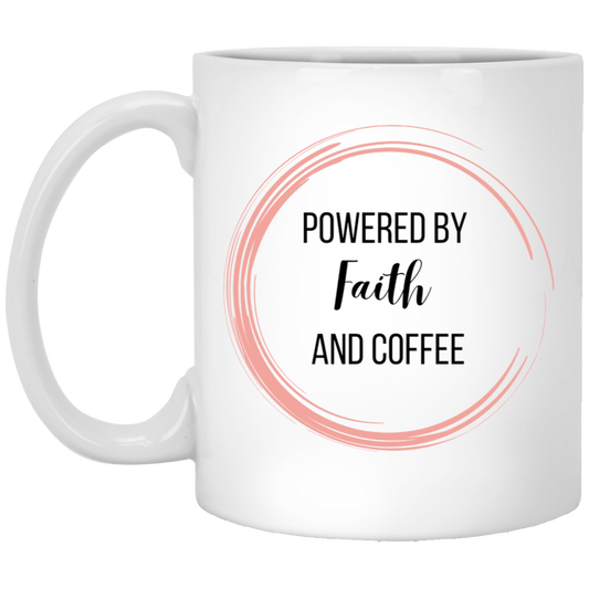 Powered by Faith and Coffee - Coffee Mug - Pink Coffee Ring