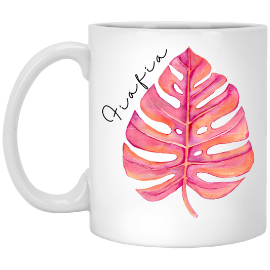 Fiafia Coffee Mug - Pink Tropical Leaf - Samoan Language - Happy, Celebration