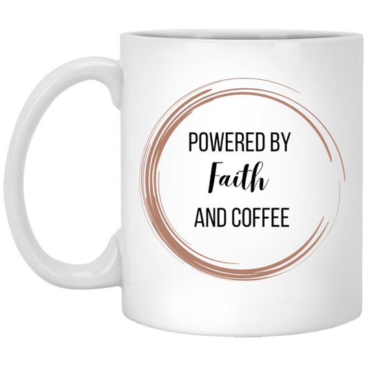 Powered by Faith and Coffee Coffee Mug - Brown Coffee Ring