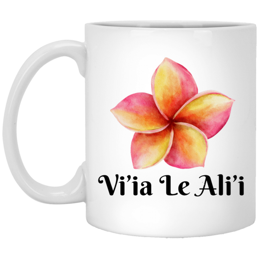 Vi'ia le Ali'i Coffee Mug - Pink & Yellow Plumeria Flower - Samoan Language 'Praise the Lord'