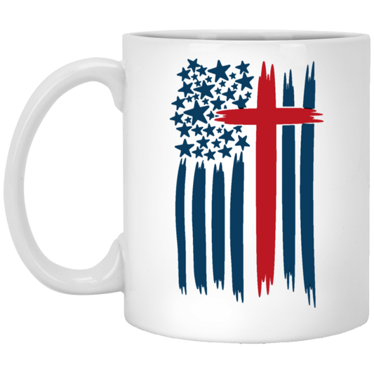 Red, White & Blue Coffee Mug - Cross and American Flag