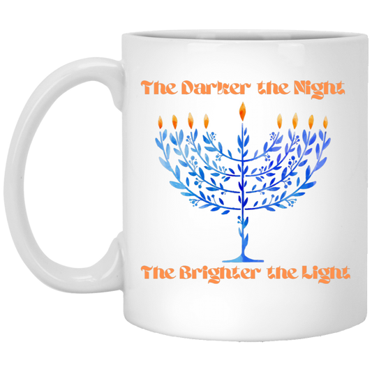 The Darker the Night, the Brighter the Light Coffee Mug - Blue Leaves Hanukkah Menorah